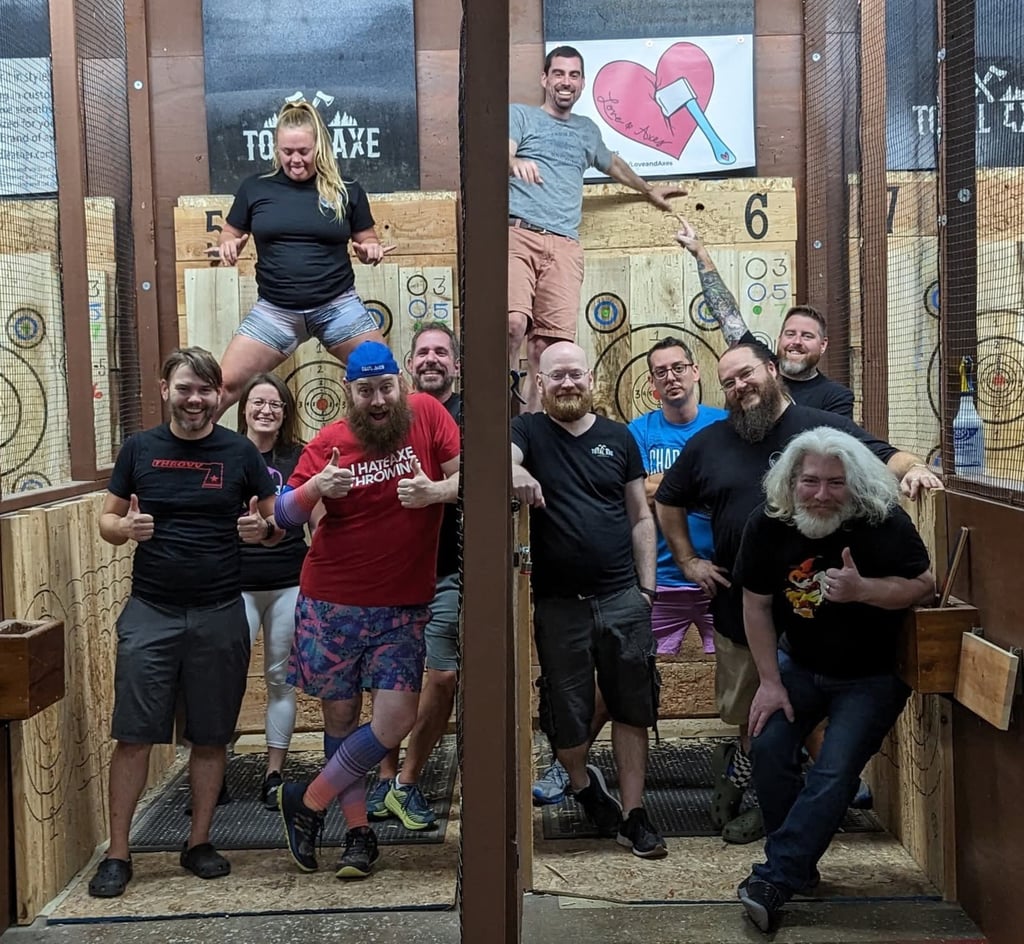 Group of axe throwers in an axe throwing arena