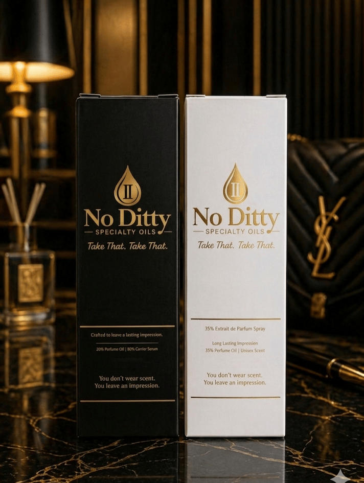 No Ditty 35% Extrait de Parfum and 25% Parfum Oil luxury packaging in black and white. Premium perfume fragrance oil brand.