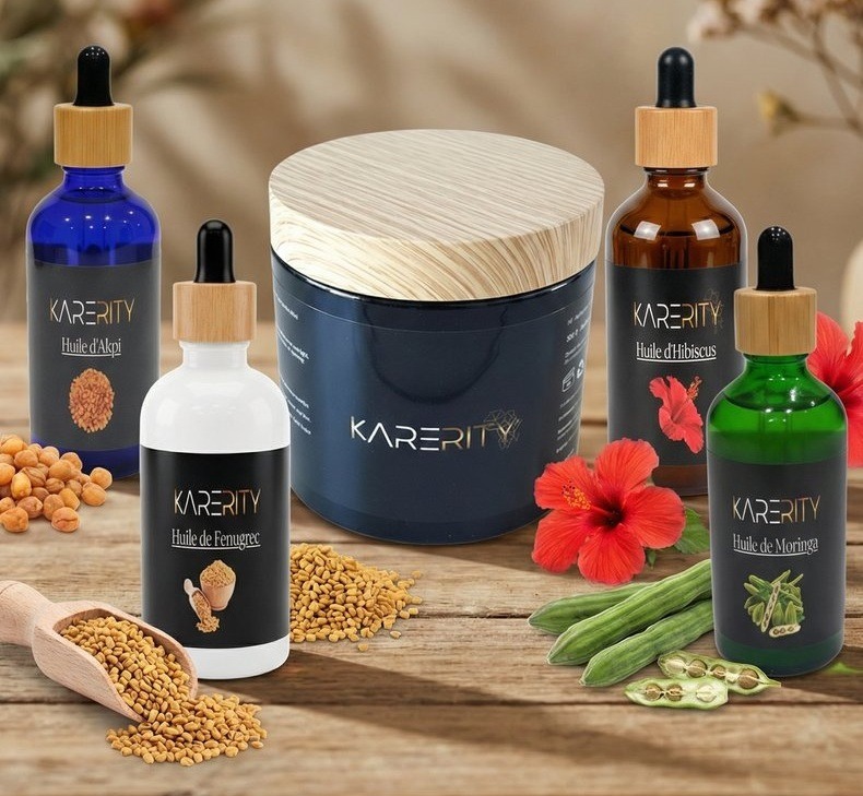 Karerity hair care collection featuring natural oils like Fenugrec, Moringa, and Hibiscus in dropper bottles.