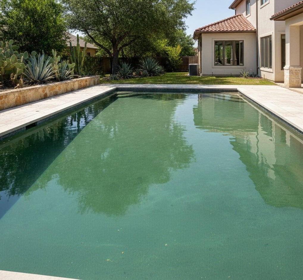 Cloudy green pool water before professional cleanup