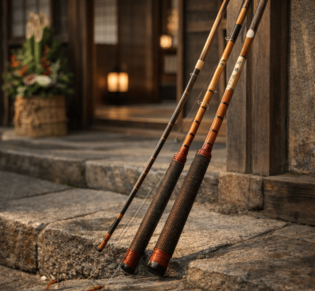 Traditional Japanese fishing rods leaning at a wooden house entrance, handcrafted bamboo tenkara rod