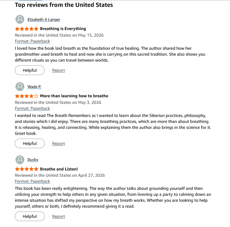 Customer reviews of the paperback book The Breath Remembers featuring five-star ratings and testimonials.