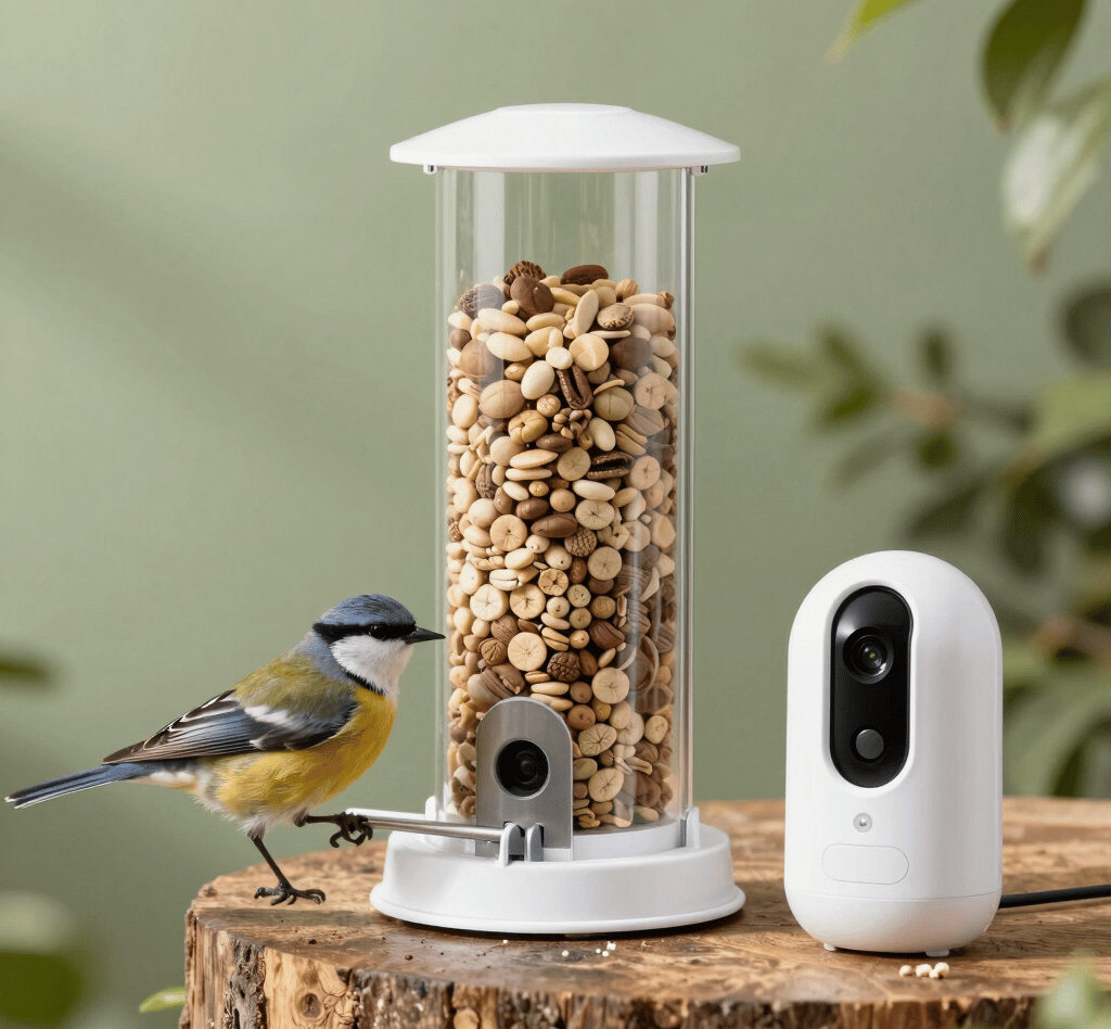 Smart bird feeder with integrated camera filming a blue tit eating nuts and seeds.