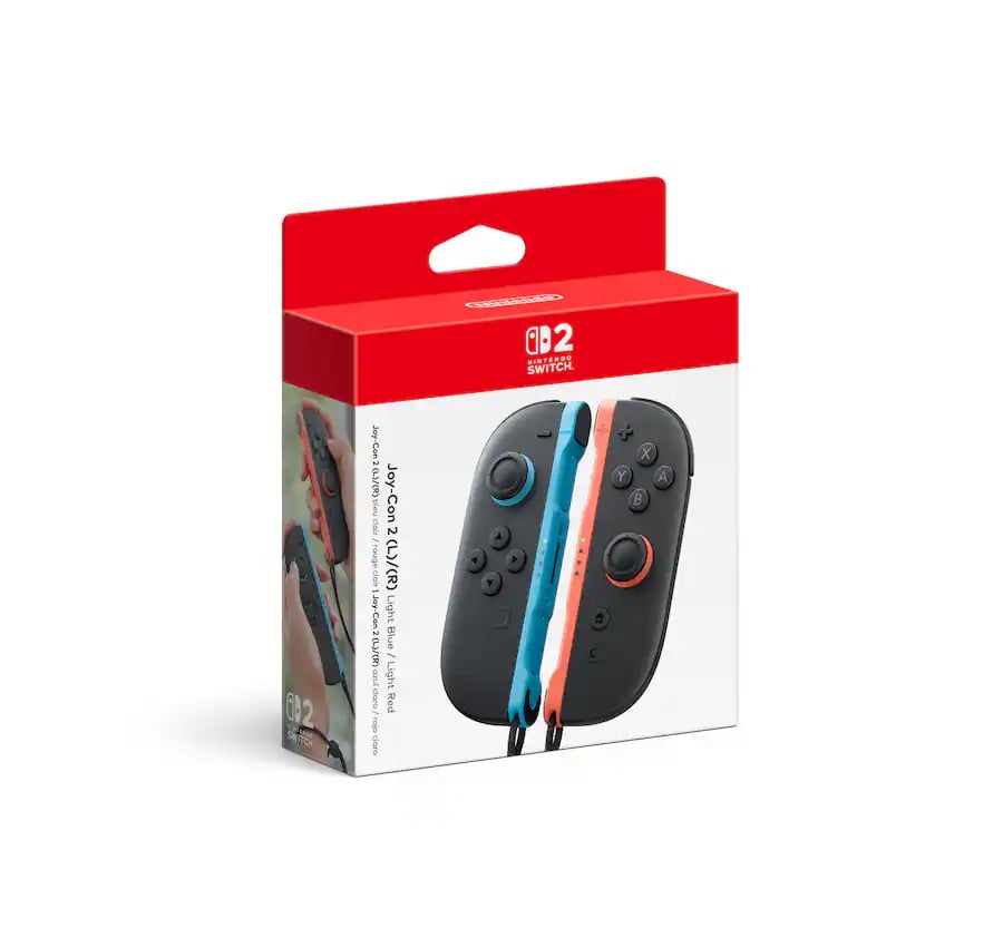 Boxed pair of Nintendo Switch Joy-Con controllers in light blue and light red colors.