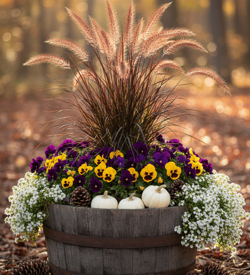 Autumn barrel planter with purple pansies, white pumpkins, and ornamental grass in a sunny forest.