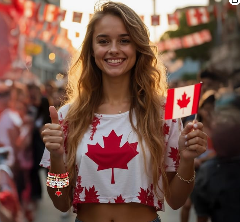 Smiling woman in a maple leaf shirt holding a Canadian flag at a Canada Day street festival.