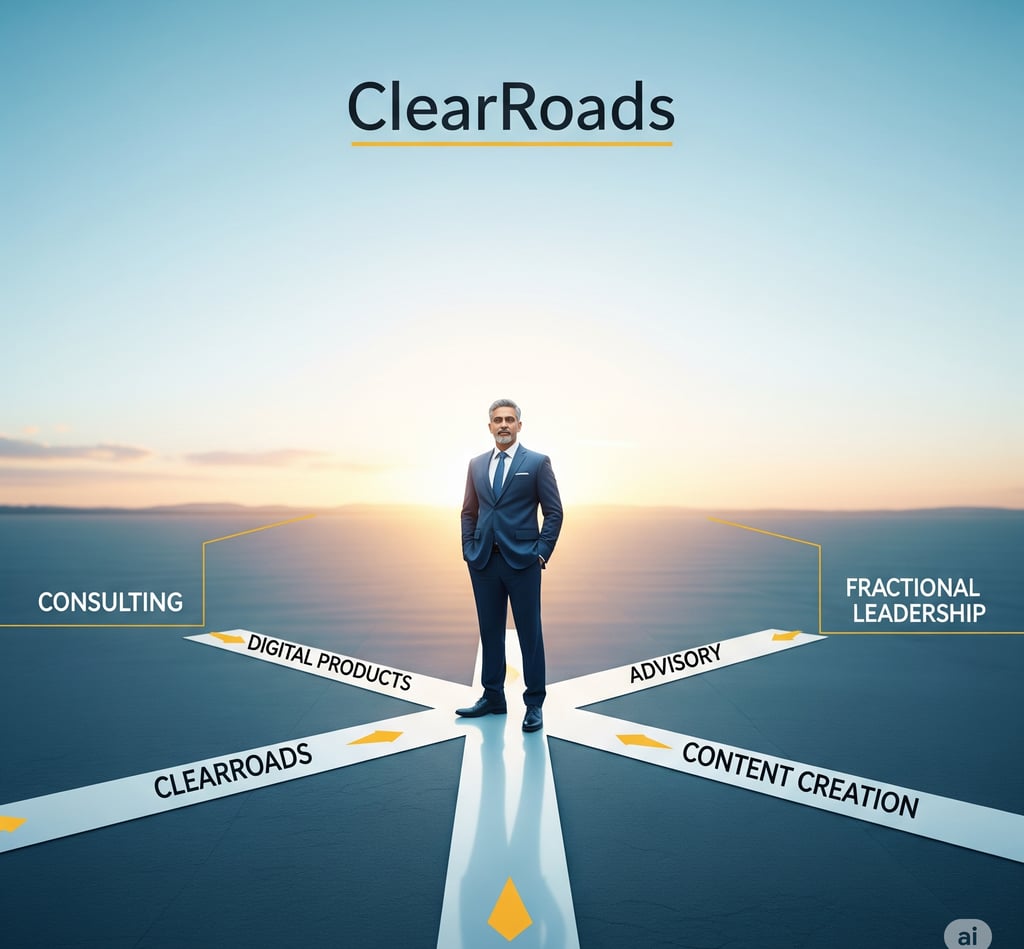 a man in a suit standing on a road with a clear sky