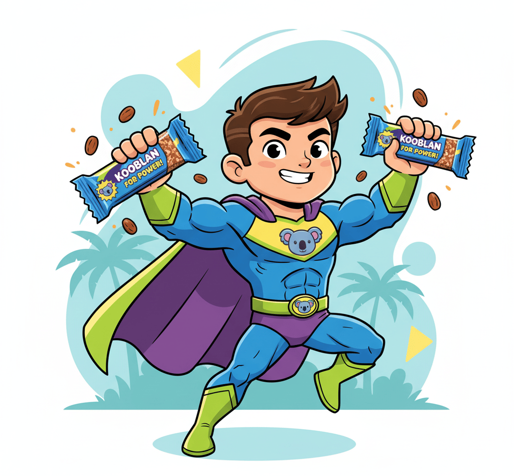 A strong cartoon superhero kid holding Kooblan snack bars, surrounded by vibrant colors to illustrat