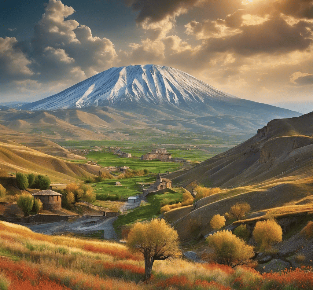 a mountain scene with a mountain in the background