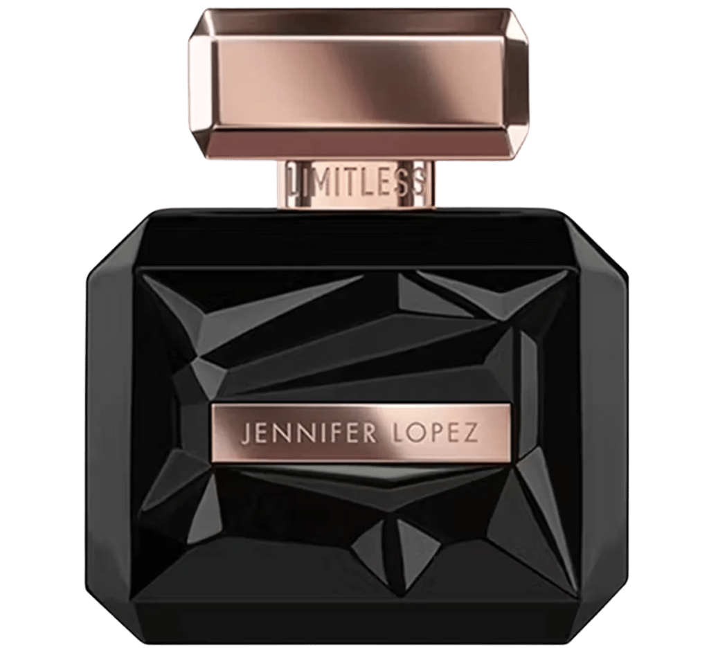 Jennifer Lopez Limitless perfume in a faceted black glass bottle with rose gold accents.
