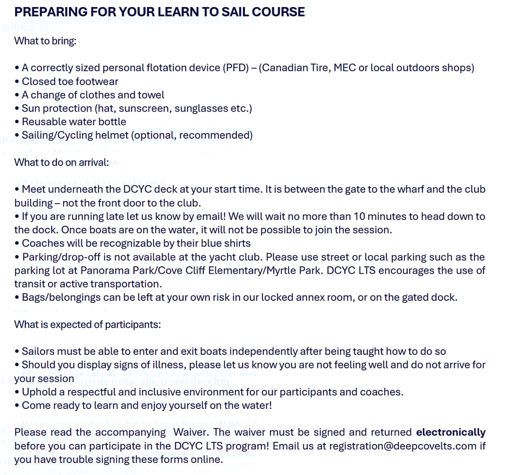 The full Learn to Sail Course Policy