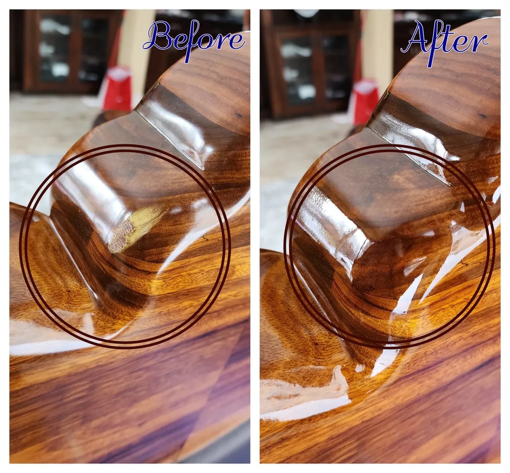 Before and after photos of a counch from Hon Kong finish repair on a wood body.