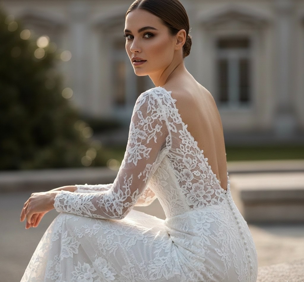 Bride wearing a long-sleeve lace wedding dress with an elegant open back design.