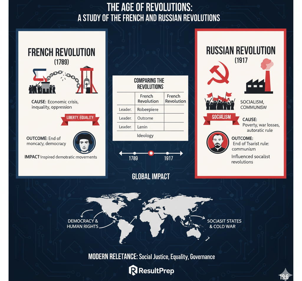 A powerful split illustration contrasting the **French Revolution** (1789) with the **Russian Revolu