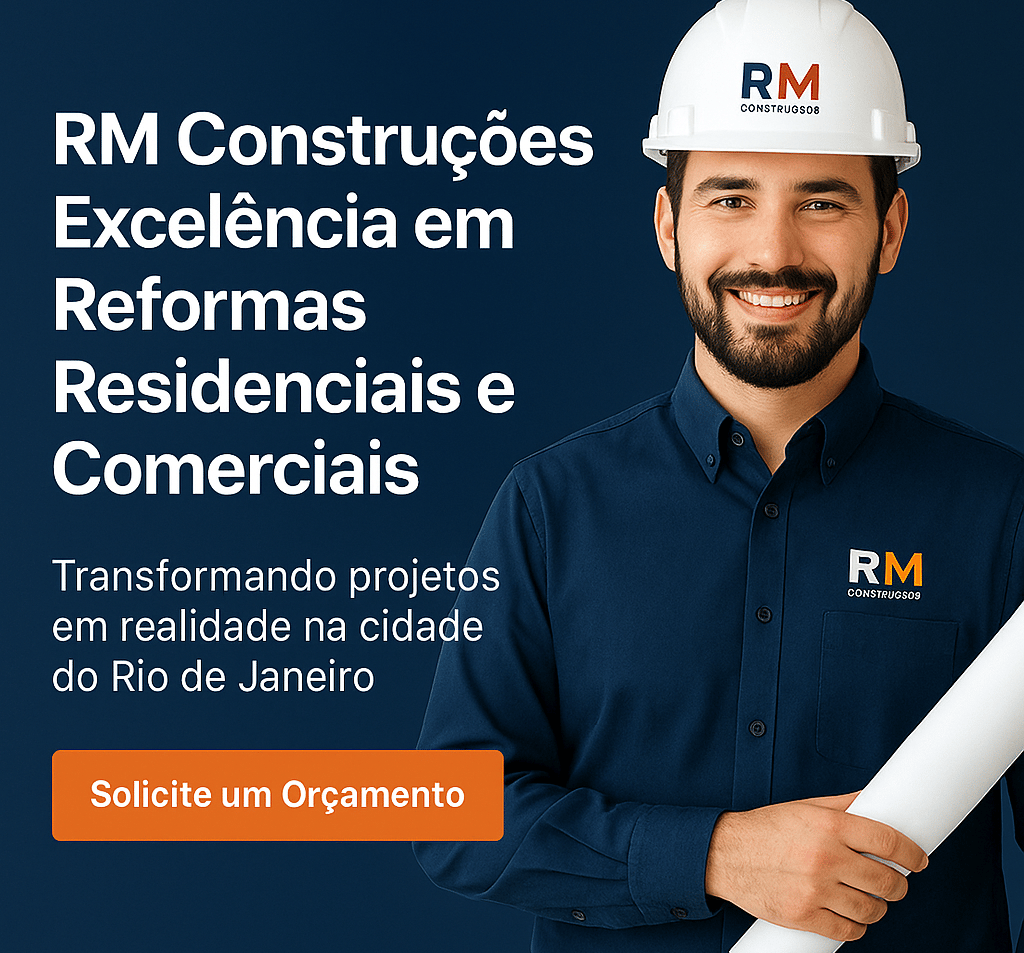 Página inicial da RM Construções mostrando diferenciais como equipe especializada e atendimento pers