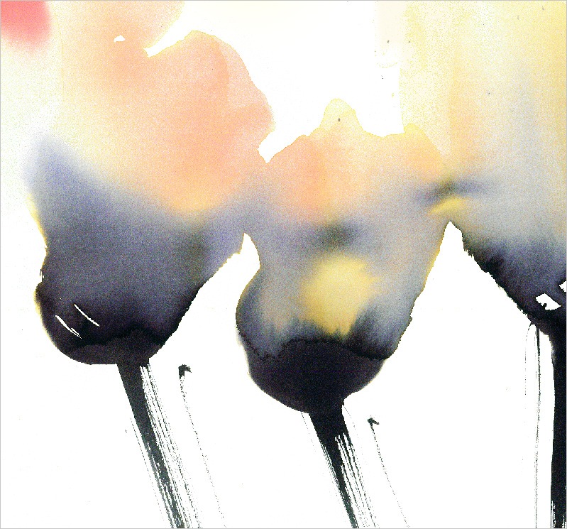 Yuge Kurt, fragment of watercolor painting in art gallery. Abstract flowers. Calligraphy