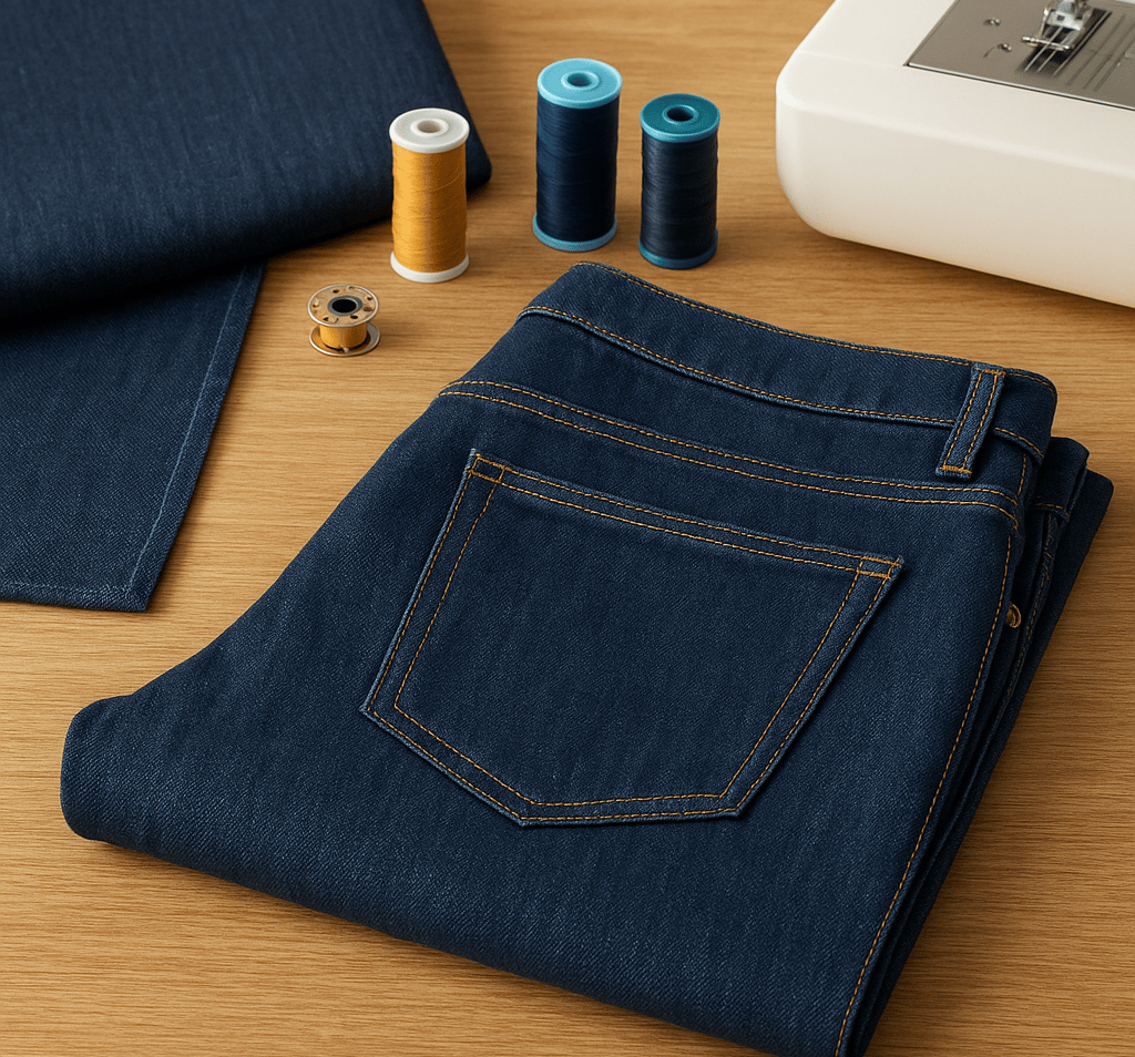  Jeans and sewing tools on worktable.