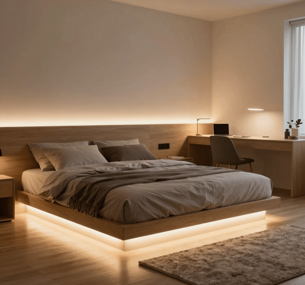 Bedroom with LED strip lighting under bed and behind desk creating ambient glow