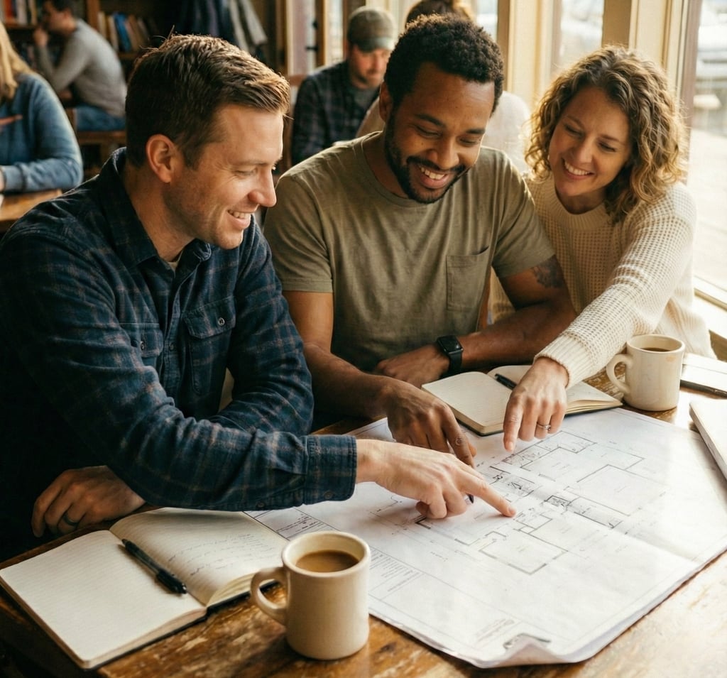 InnerLoom Life Coaching: Friends collaborate in a bookstore. Empowerment, goal setting, and planning for a bright future.