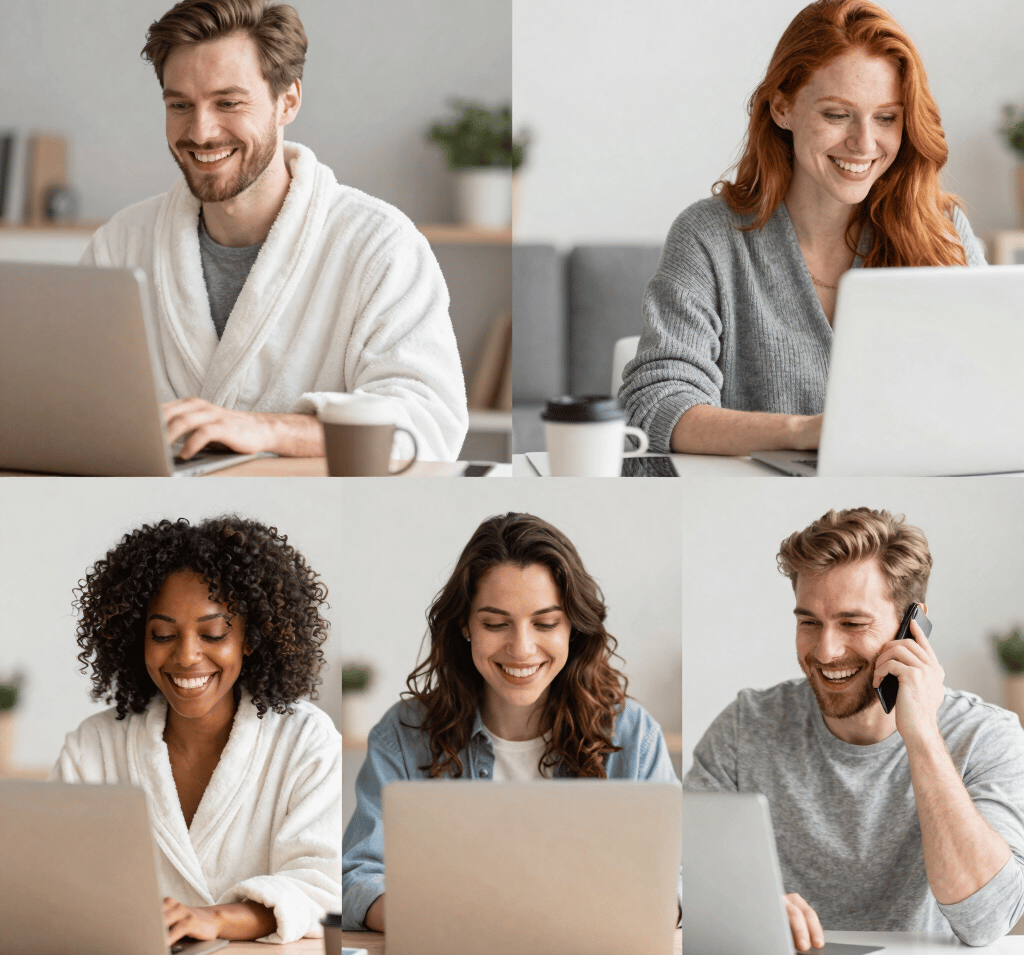 A professional photo of a diverse group of happy men and women holding Vitanobre supplements in a bright, modern setting.
