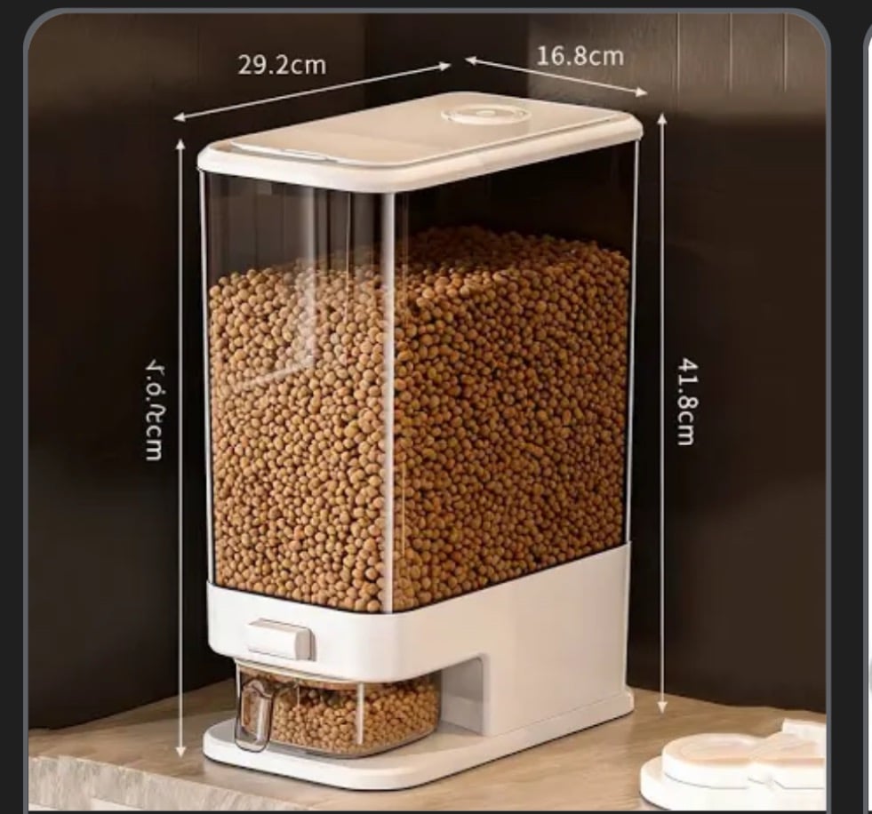 Large white airtight dry dog food dispenser with measurements