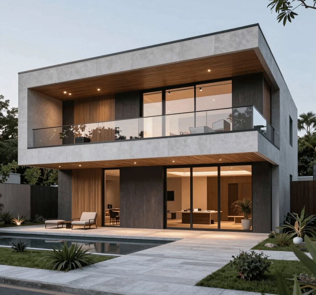 A sleek, minimalist real estate office space with warm natural light highlighting modern architectural details.