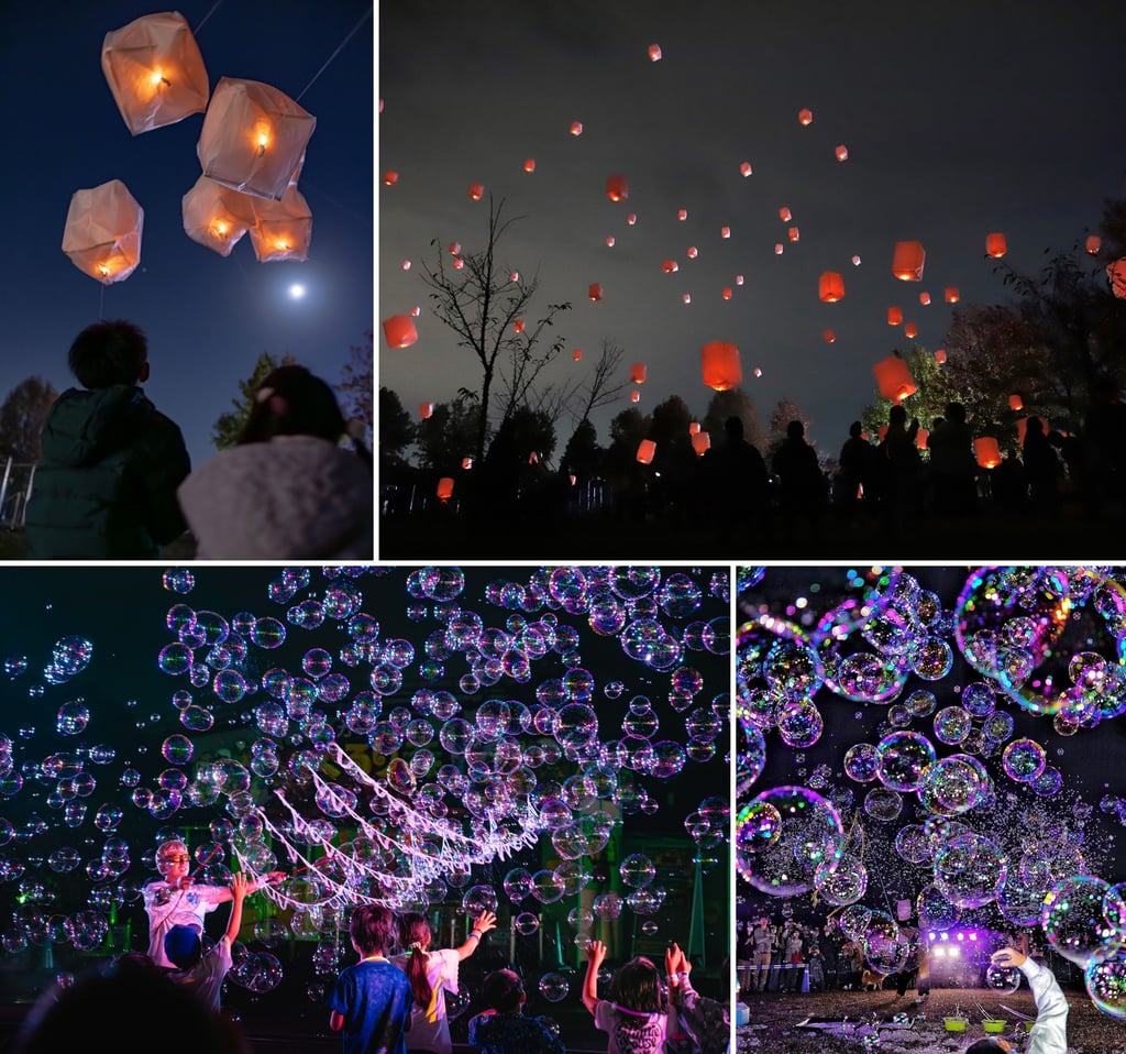 スカイランタンの打ち上げとバブルショーの様子が写る会場風景|堺市のイベント情報ならサカイタイムズ