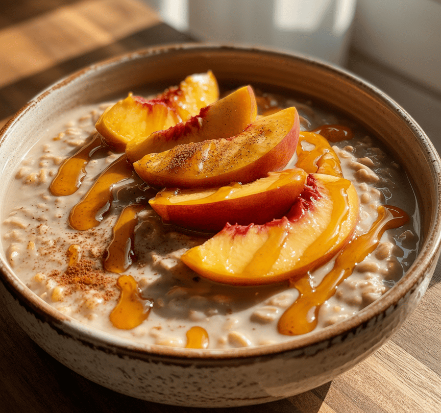 A bowl of Peach Chai Glow Overnight Oats topped with fresh peach slices, a drizzle of golden honey