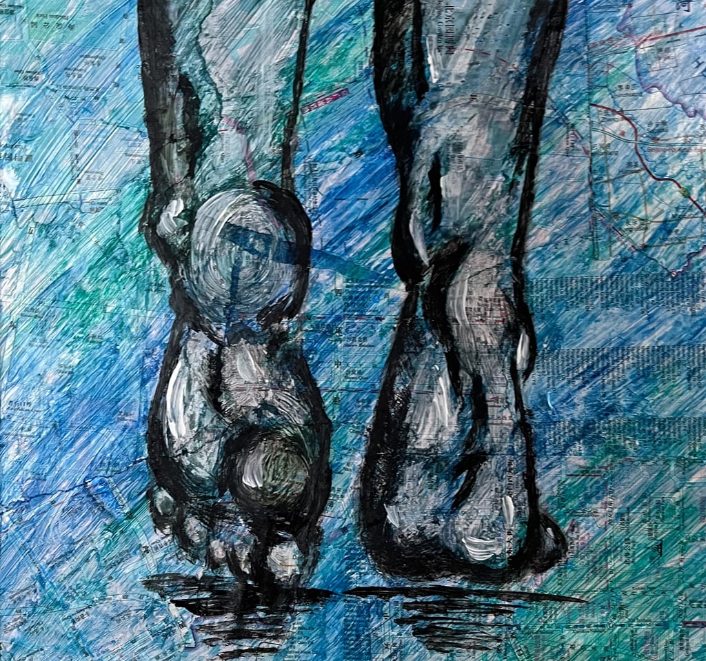 A mixed-media art work of feet