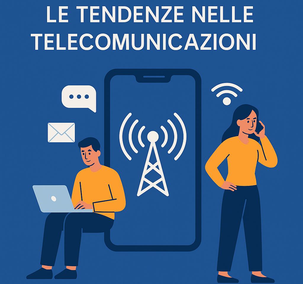 Grafica flat blu con persone, smartphone e icona antenna.