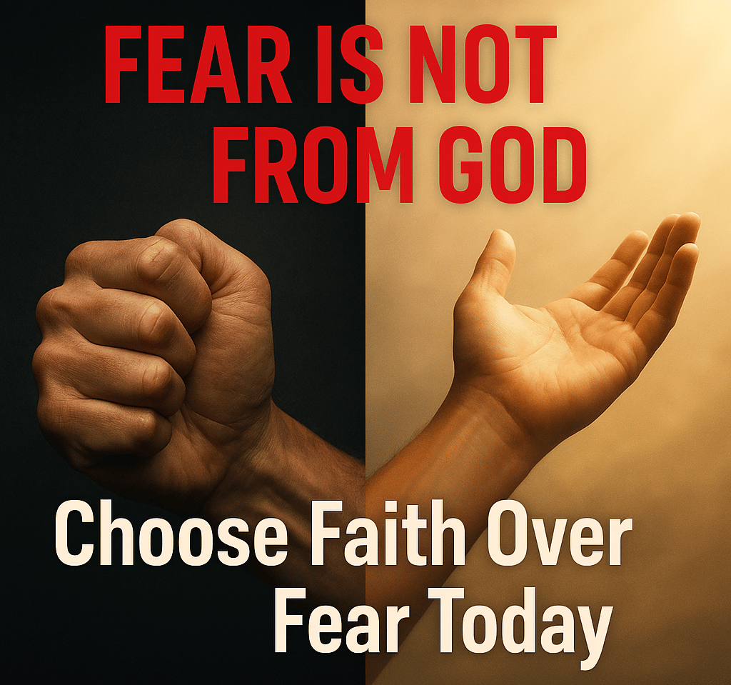 Hands showing fear versus peace with text about fear not being from God and choosing faith