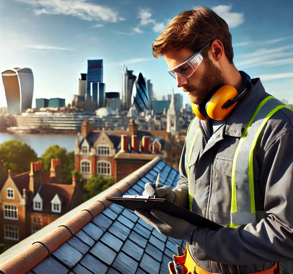 A professional property maintenance worker inspecting a rooftop in London, wearing safety gear and u