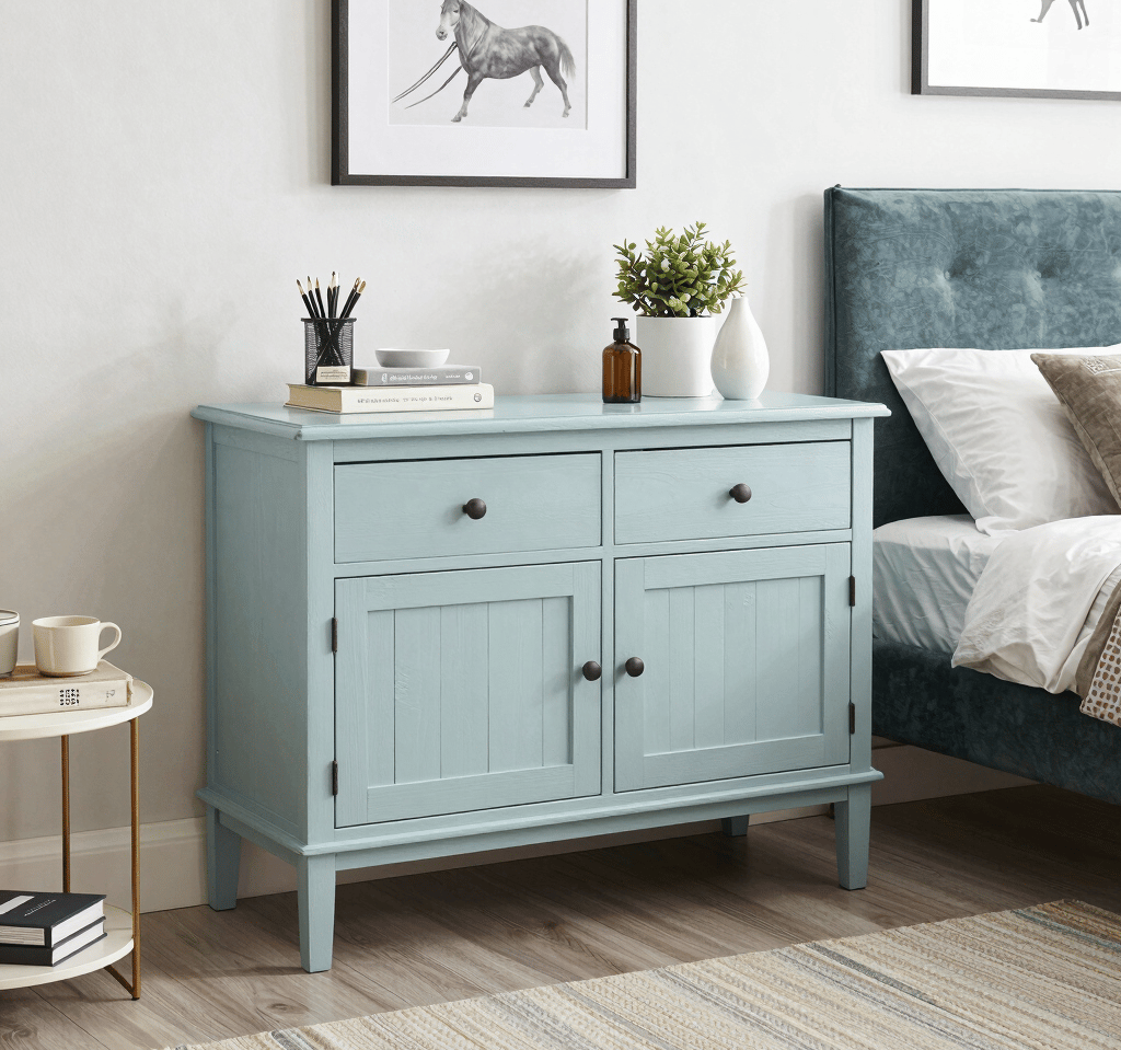 Reused furniture painted and refreshed in a modern bedroom setup