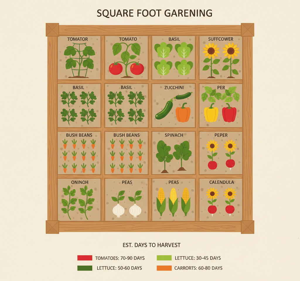 Square foot gardening layout guide showing vegetables like tomatoes, basil, and zucchini in a raised bed.
