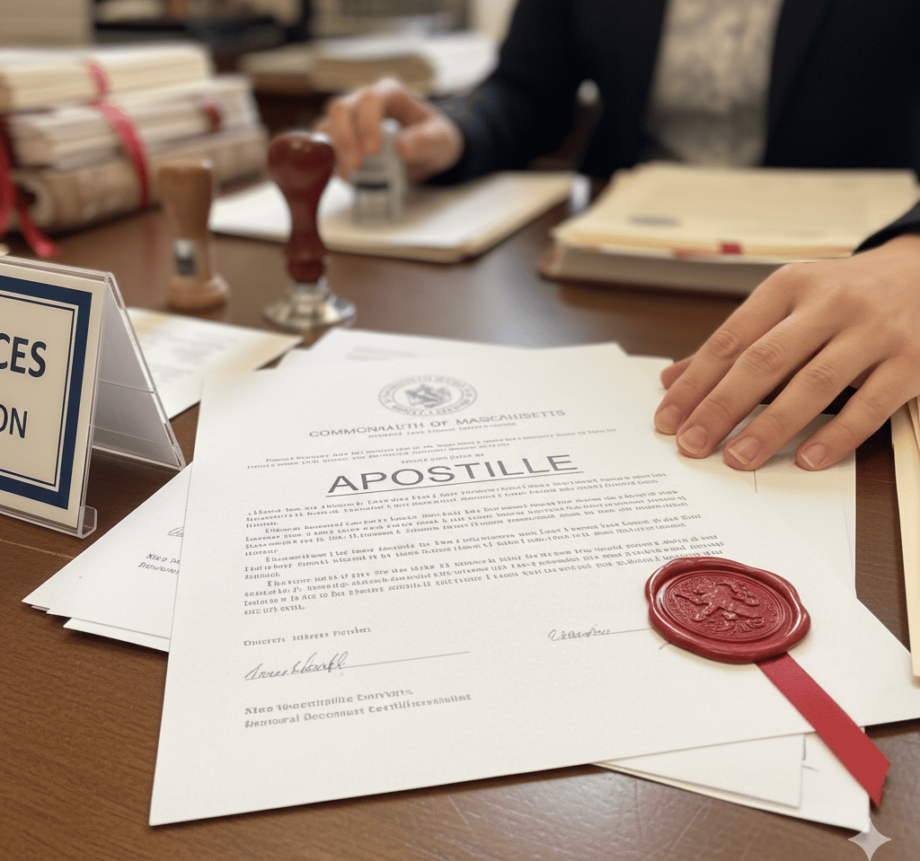 Massachusetts birth certificate prepared for apostille in Boston