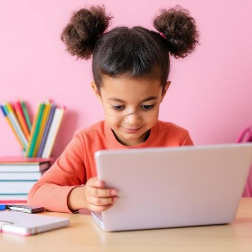 a young girl sitting at a desk with a laptop