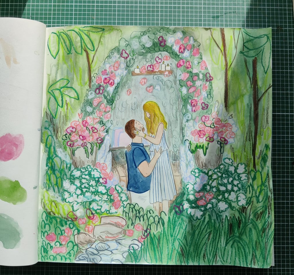 A watercolour and pencil painting of an engagement based on Taylor Swift and Travis Kelce's engagement