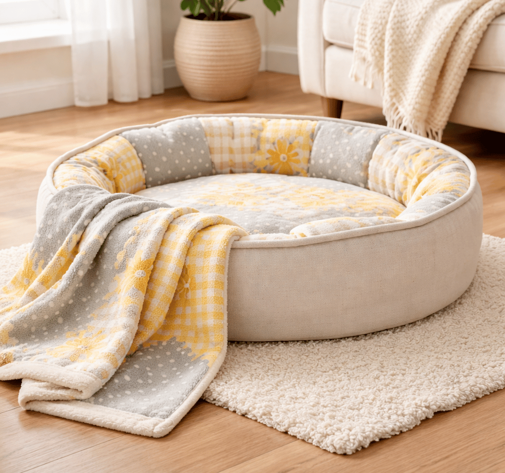 Cozy round pet bed in neutral and cheerful fabrics