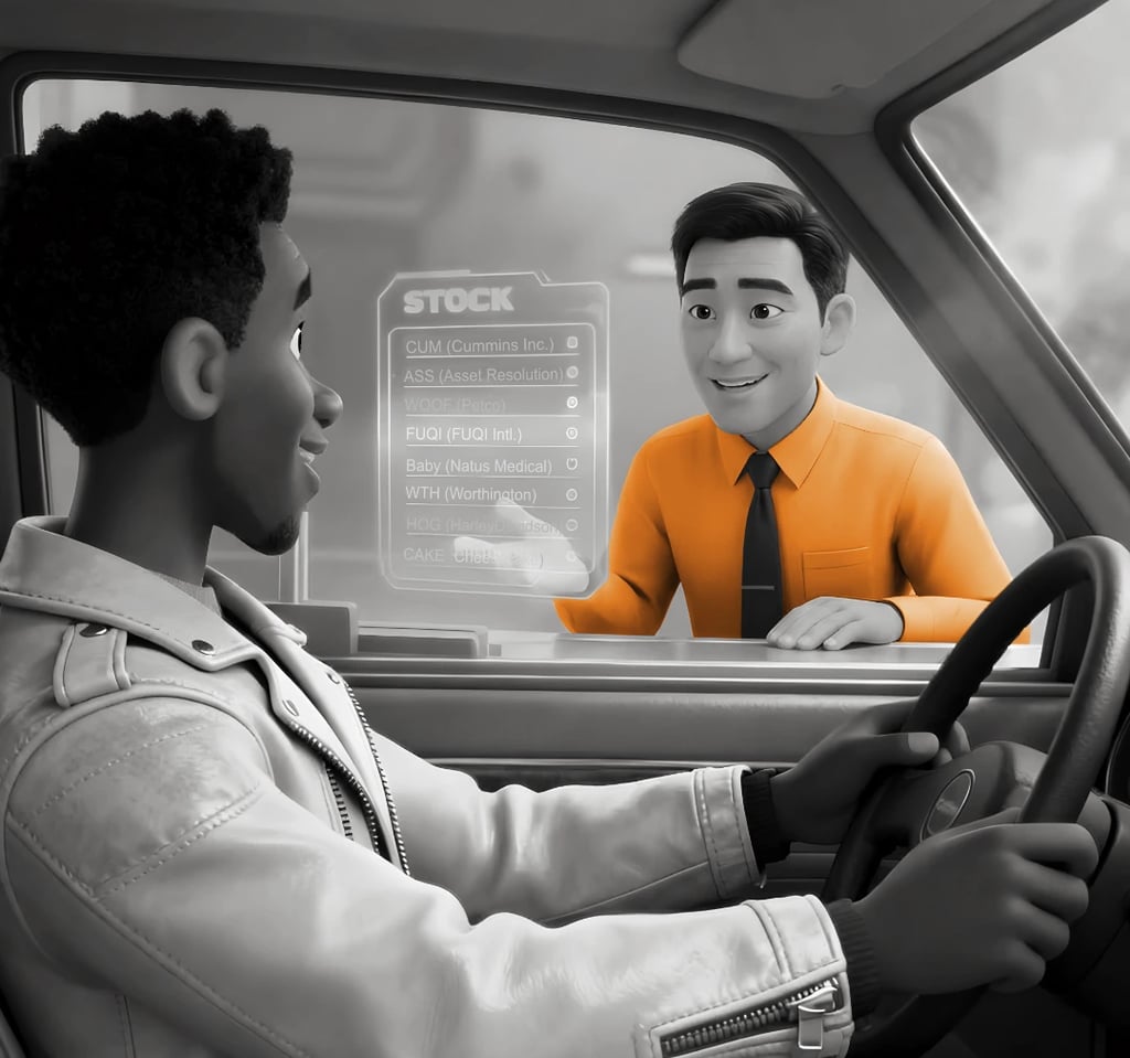 A driver is seen from a passenger point of view at a drive-thru window ordering stocks.