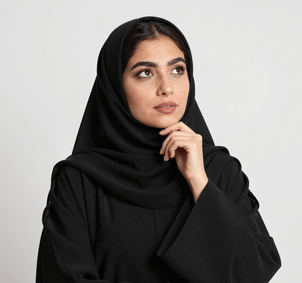 Thoughtful young Arab woman wearing a modest black hijab and modest abaya looking upwards.