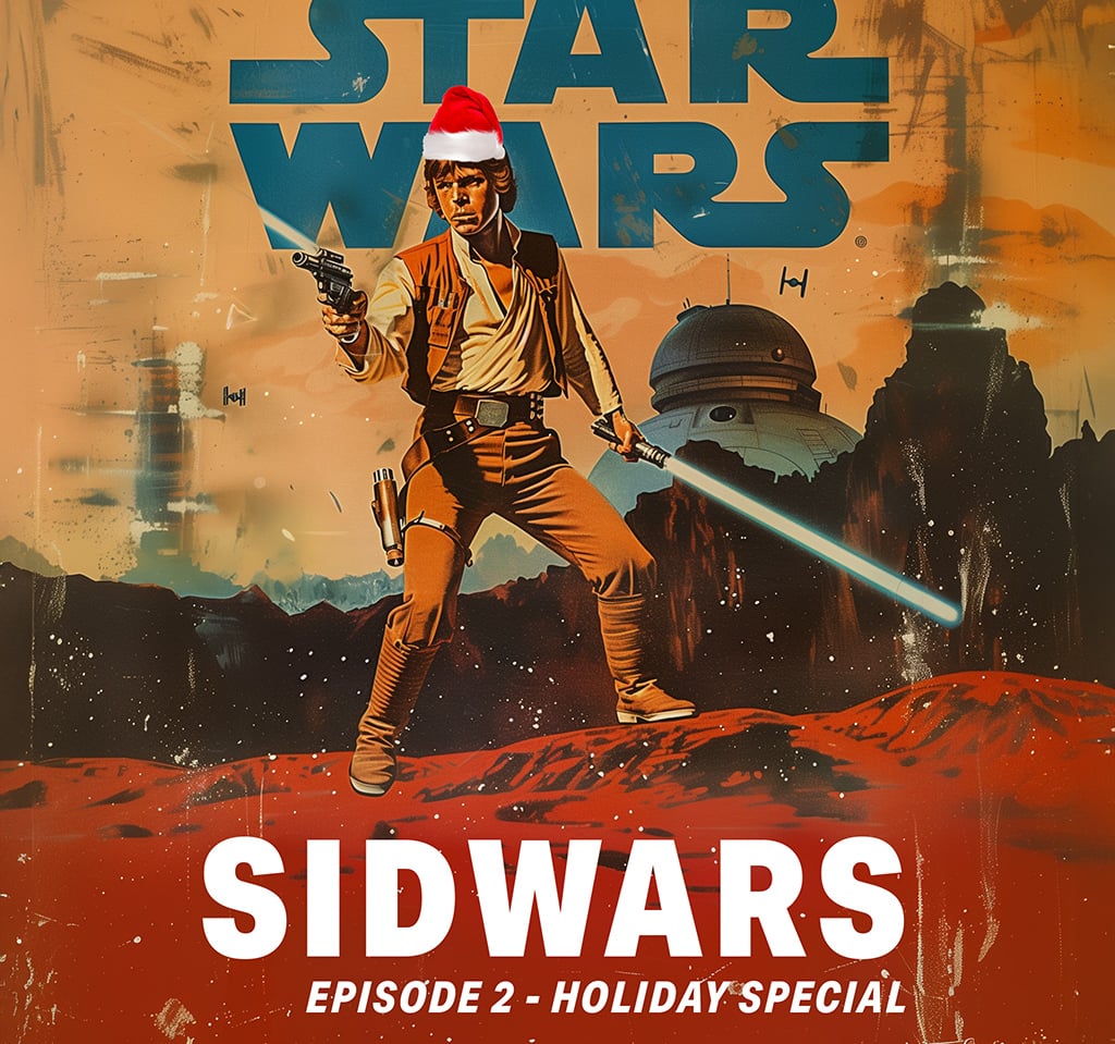 Illustration de Luke Skywalker avec une tuque de père Noël dans un style années 50, Star Wars