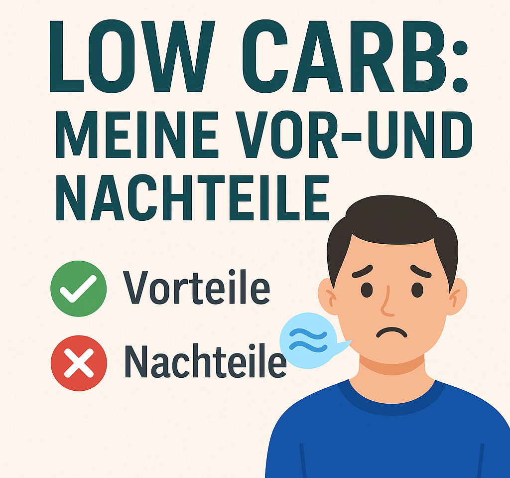 „Low Carb – Meine Vor- und Nachteile“ mit grünem Häkchen, rotem Kreuz und neutraler Figur.