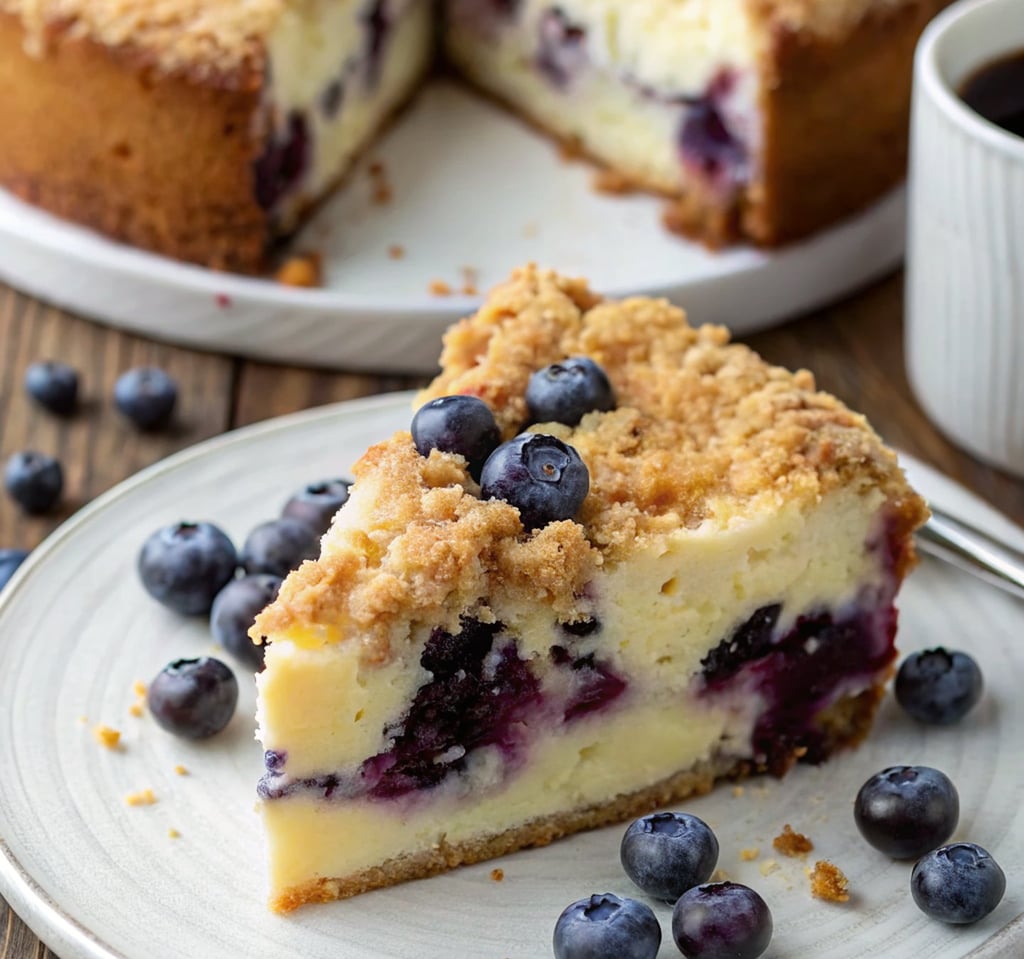 Freshly baked blueberry cream cheese coffee cake with golden streusel topping.