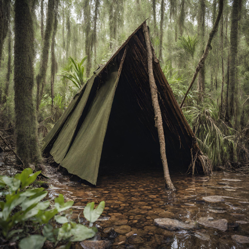 Tarp shelter set up in swampy forest, primitive wilderness shelter for wet terrain survival