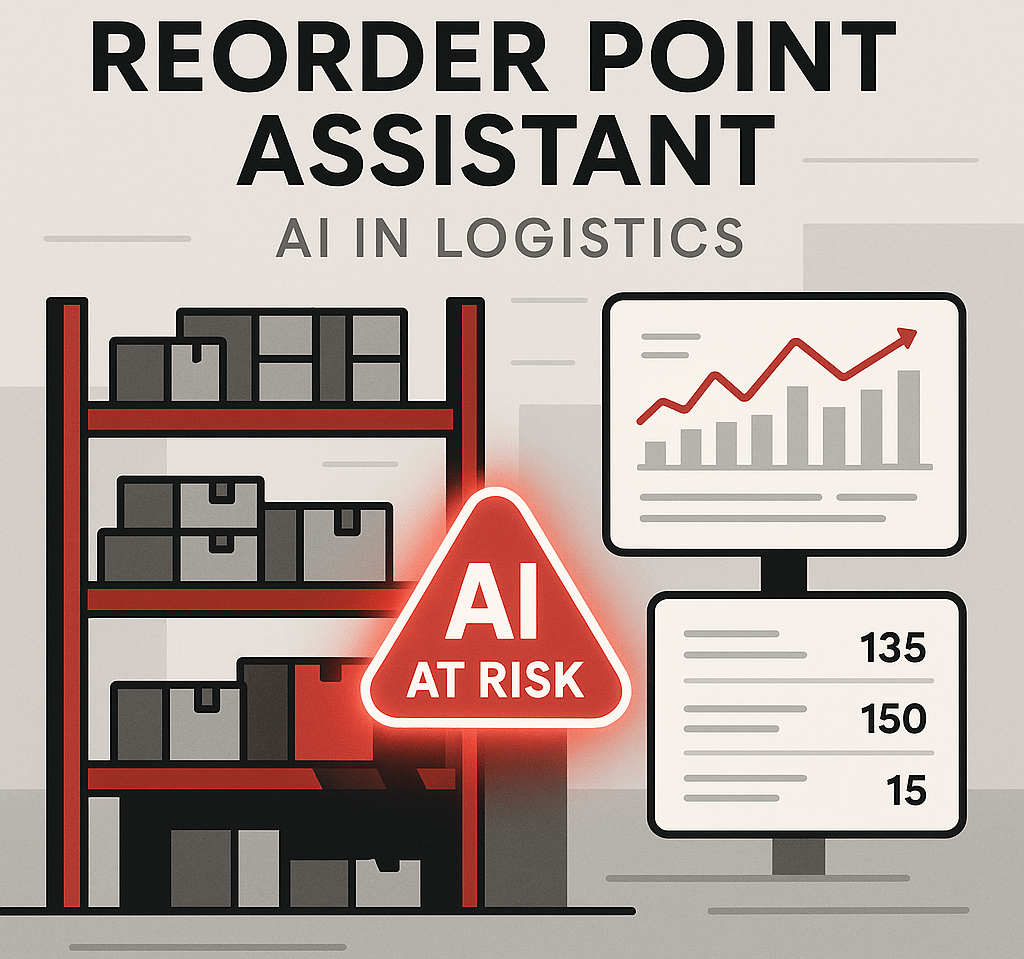 Flat-style digital illustration showing a warehouse shelf with boxes and a glowing red “AI AT RISK” warning sign
