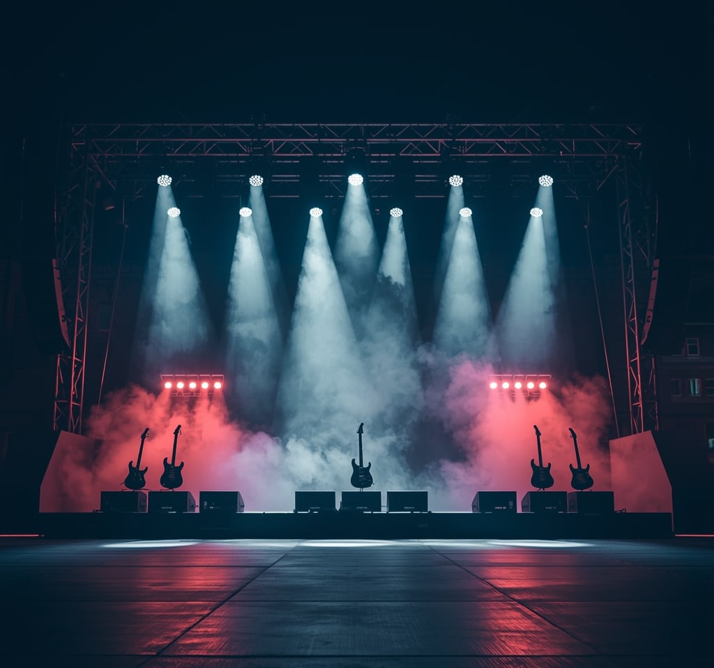Palco de show de rock iluminado à noite com guitarras e luzes de concerto