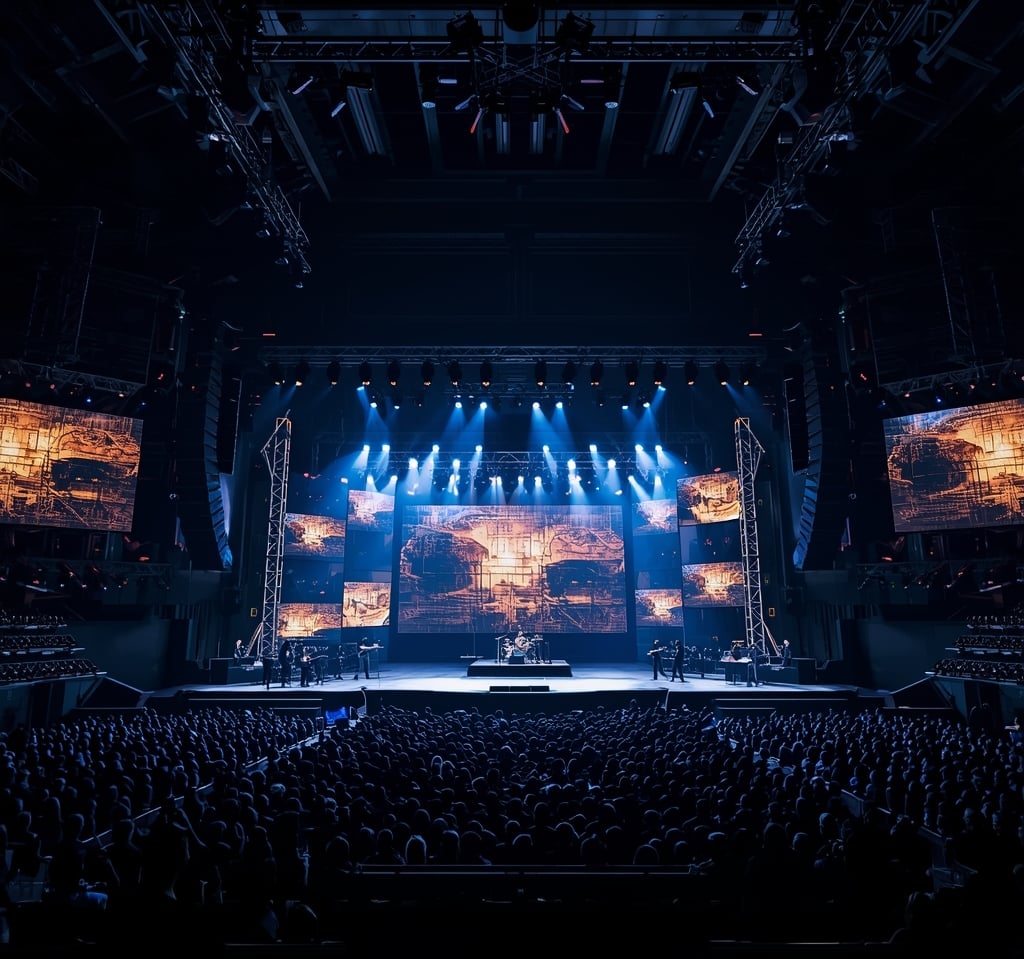 Grande palco de concerto com iluminação avançada e estrutura de show moderno