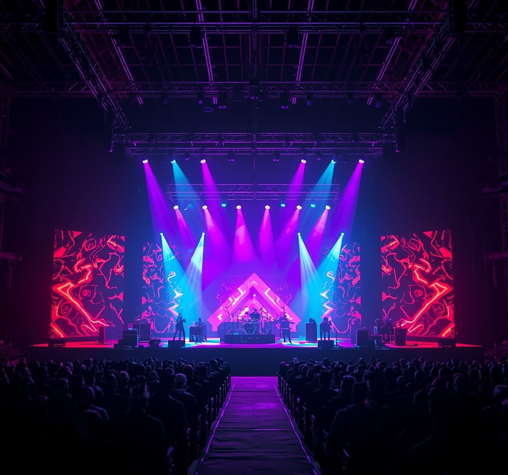 Palco moderno de festival de rock com iluminação colorida e estrutura profissional