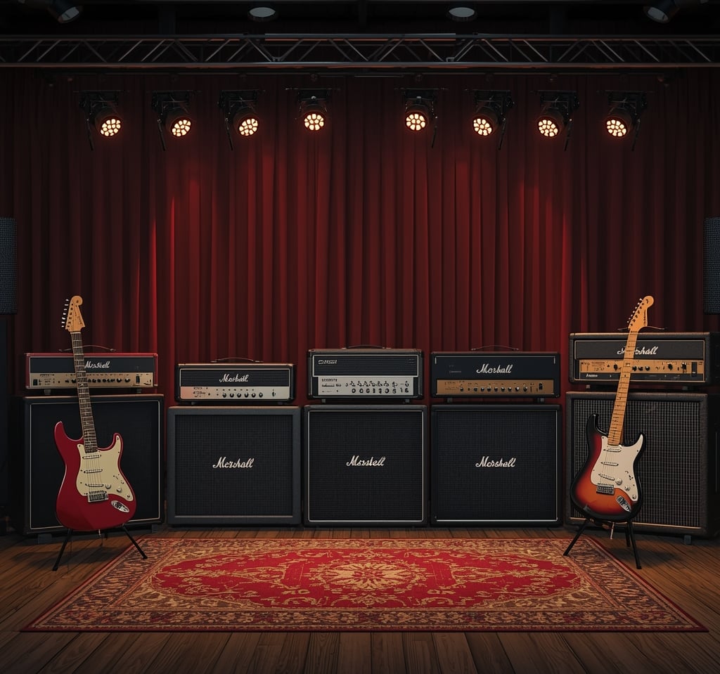 Palco de rock com equipamentos vintage e iluminação nostálgica dos anos 80 e 90