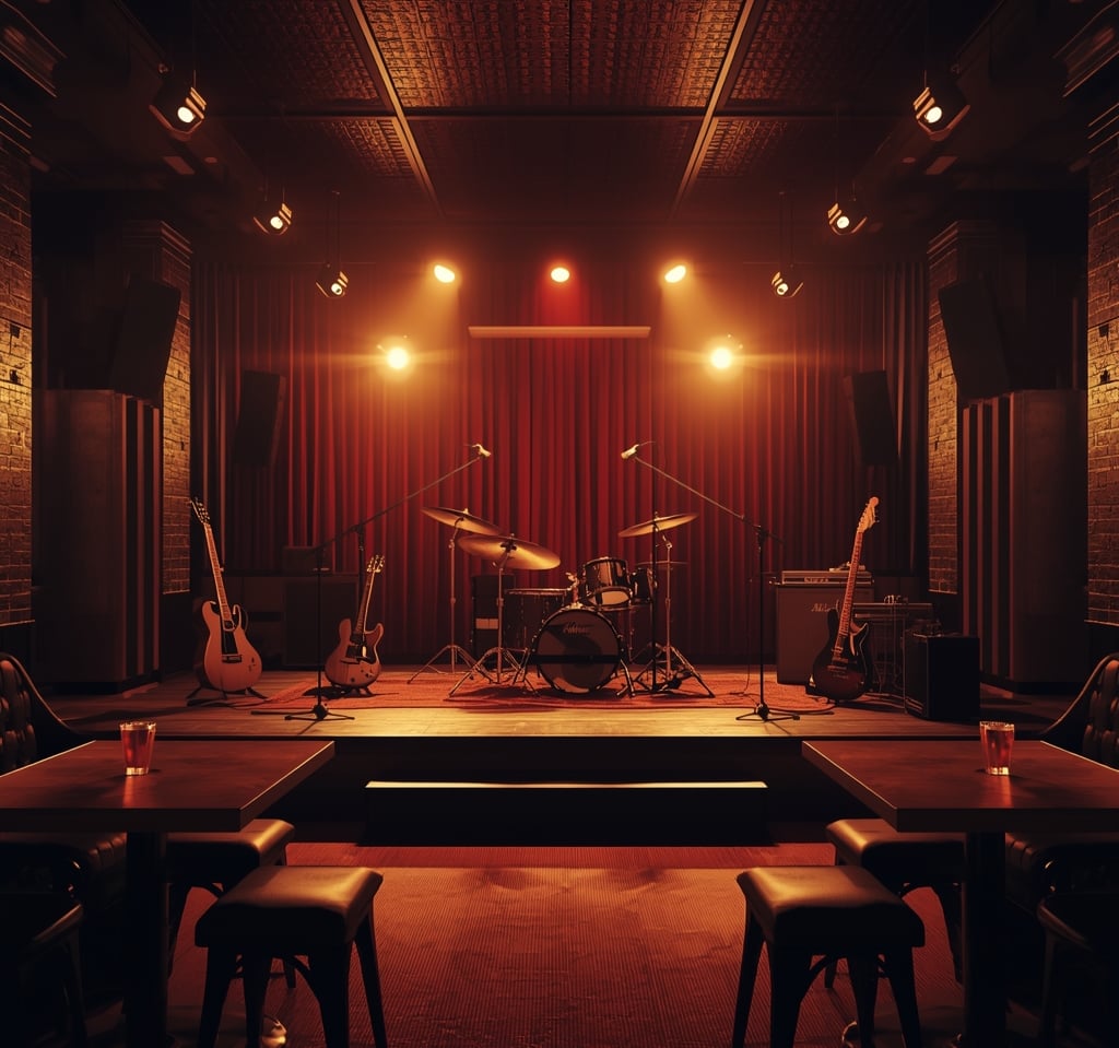 Interior de rock bar com palco vazio e instrumentos prontos para show ao vivo